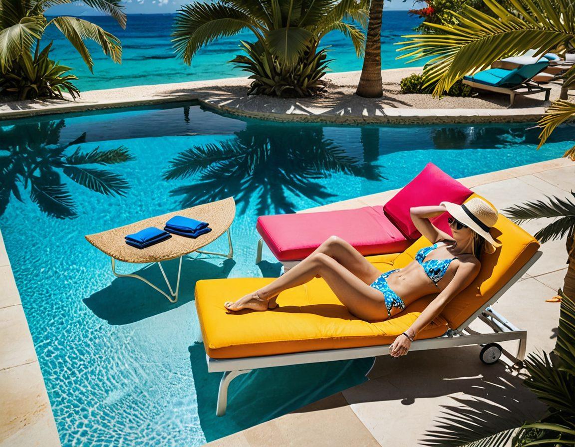 A stylish poolside scene featuring a vibrant array of women's swimwear neatly arranged on colorful loungers. Include a sparkling blue pool with a backdrop of lush palm trees and bright summer sun. A fashionable woman in a chic swimsuit is lounging on a float, sipping a tropical drink. Add tropical flowers and beach accessories to enhance the summer vibe. super-realistic. vibrant colors. sunny atmosphere.